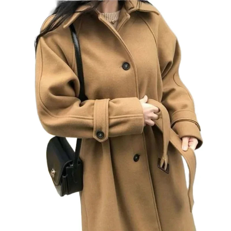 Thickened Cotton Blend Winter Women's Coat Loose Fit Slimming Woolen Jacket Autumn Outerwear Fashionable Long Coat